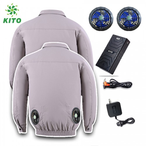 Combo 2 Áo Điều Hòa KITO Kaki Không Mũ Màu Xám Ghi, Pin 26.000mAh, Quạt 13V, Tặng 2 Túi Đá